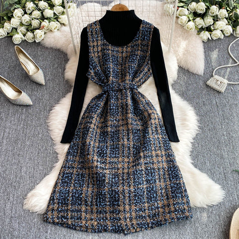 Black Sweater & Plaid Tweed Dress 2Pcs