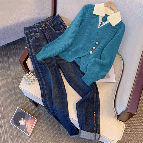 Faux Two-pieces Knitwear&Jeans 2Pcs