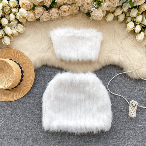 Tube Top&Skirt White Furry 2Pcs
