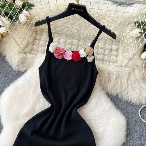 3d Floral Neckline Black Slip Dress