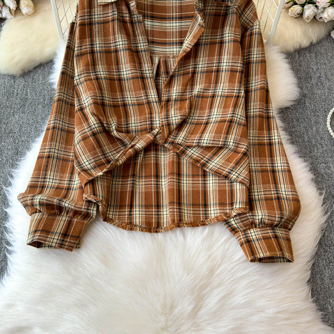 Plaid Shirt&Sleeveless Bottoming 2Pcs