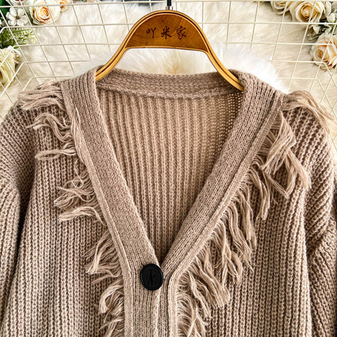 V-neck Fringed Loose-fit Cardigan