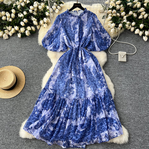 French Style Puffy Sleeve Ruffled Dress
