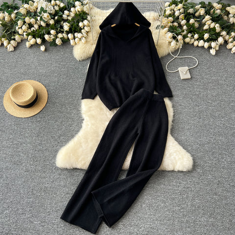 Hooded Sweater&Wide-leg Trousers 2Pcs