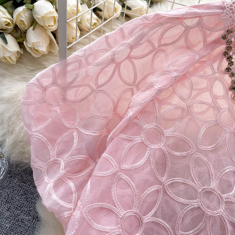 Niche Beaded Hollowed Mesh Blouse