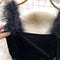 Furry Strap Black Velvet Dress