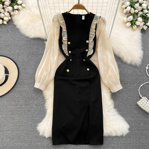 Ruffled Mesh Patchwork Black Dress