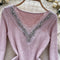 Rhinestone Studded V-neck Slim Knitwear