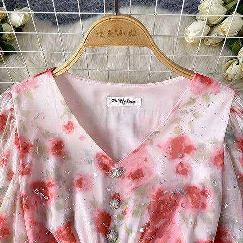 Sequined Floral Printed Ruffled Dress