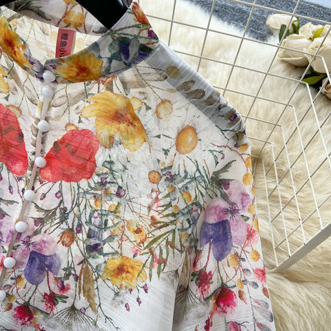 Flared-sleeve Shirt & Skirt Floral 2Pcs