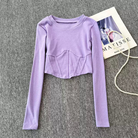 Round Collar Midriff-baring Fishbone Top
