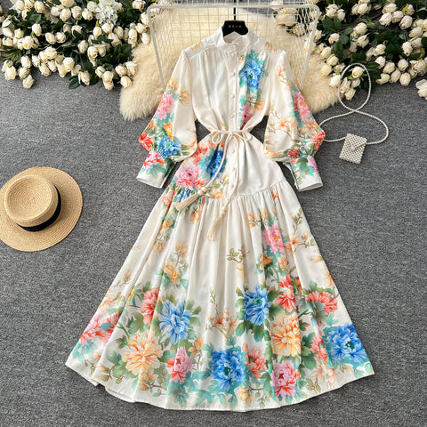 Courtly Lace-up Floral Shirt Dress