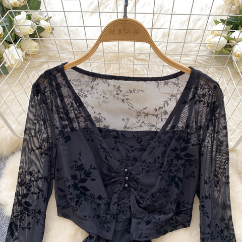 Mesh Cape & Embroidered Black Dress 2Pcs