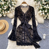 V-neck Embroidered Black Lace Dress