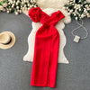 Asymmetric Puffy Sleeve Red Dress