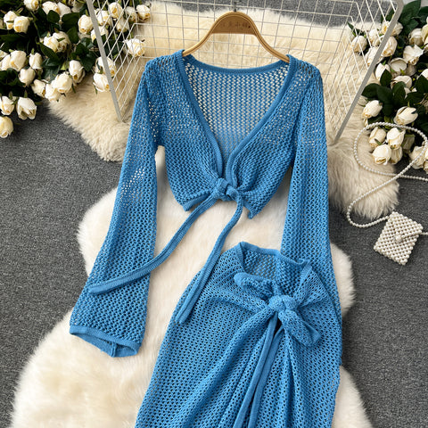 V-neck Knitwear&Skirt Hollowed 2Pcs