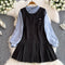 Pleated Vest Dress&Bottoming Shirt 2Pcs