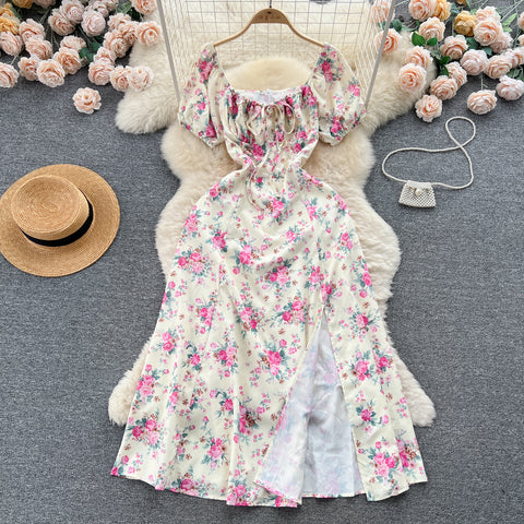 Ruffled Neckline Floral Split Dress