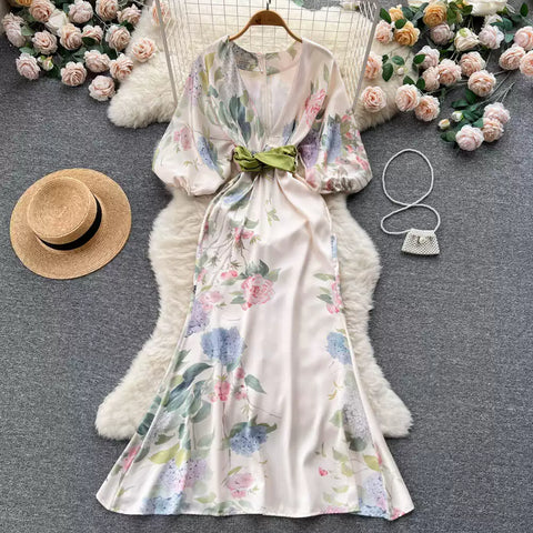 Japanese-Inspired Floral Print V-Neck Dress