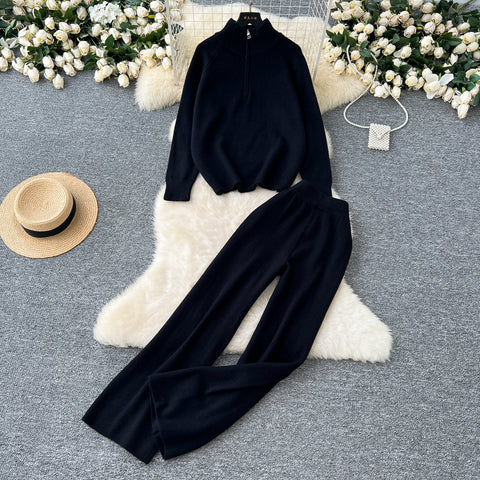 Zipped Knitwear&Trousers Knitted 2Pcs