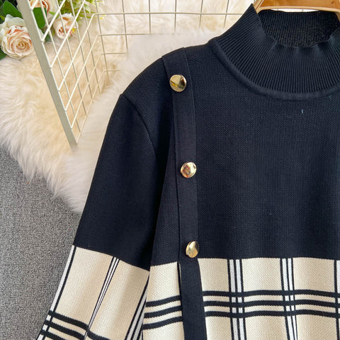 Plaid Knitted Patchwork Drawstring Dress