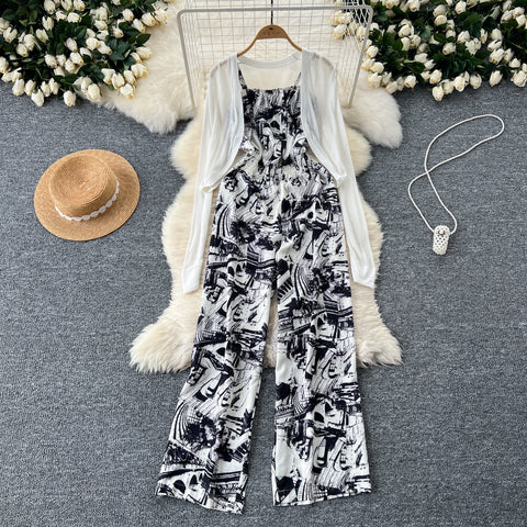 White Cardigan&Floral Jumpsuit 2Pcs