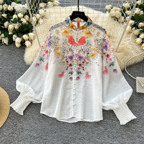 Flared-sleeve Shirt & Skirt Floral 2Pcs