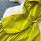 Folded Collar Pleated Mustard Green Dress