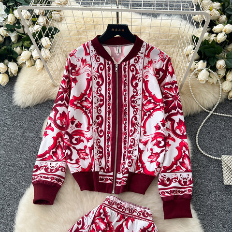 Zipped Cardigan&Trousers Floral Printed 2Pcs