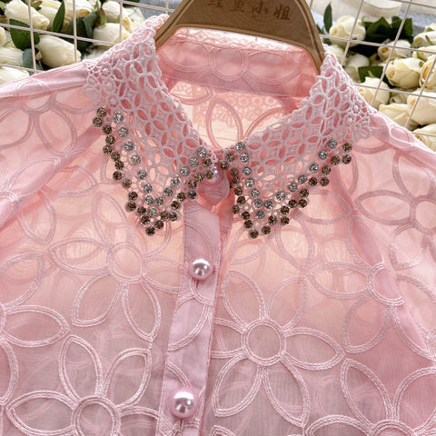 Niche Beaded Hollowed Mesh Blouse