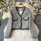 V-neck Color Blocking Tweed Jacket