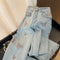 Butterfly Embroidered Wathet Denim Jeans