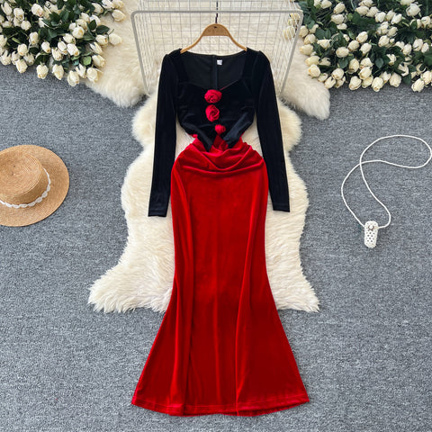 3D Floral Suede Patchwork Dress