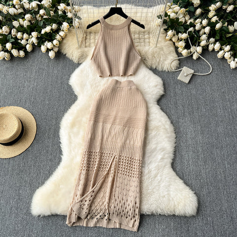 Halter Knitwear&Hip-wrapping Skirt 2Pcs