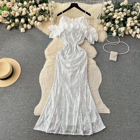 Ruffled Neckline Sequined White Dress