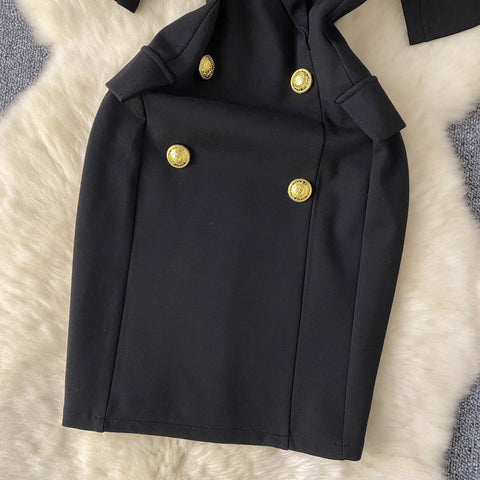 Suit Collar Double-breasted Black Dress