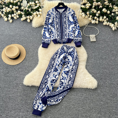 Zipped Cardigan&Trousers Floral Printed 2Pcs