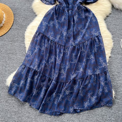 French Style V-neck Floral Chiffon Dress