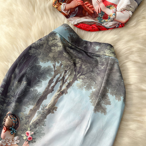 Oil Painting Printed Top&Skirt 2Pcs