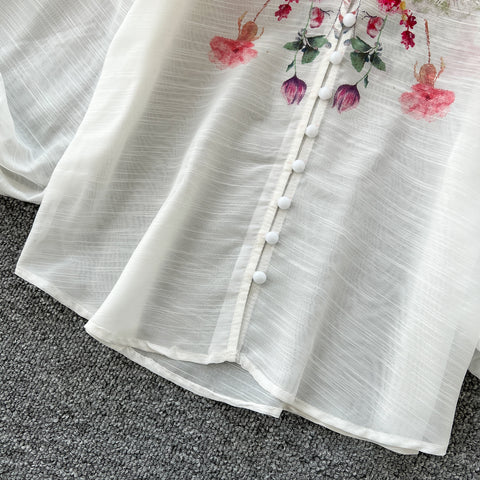 Flared-sleeve Shirt & Skirt Floral 2Pcs