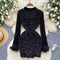 Sequined Mesh Patchwork Black Dress