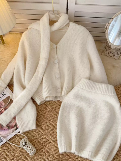 Cardigan&Skirt&Scarf Soft Knitted 3Pcs