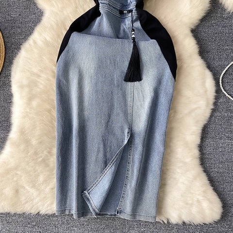 Ethnic Embroidered Lapeled Denim Dress