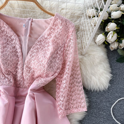 V-neck Embroidered Lace Pink Dress