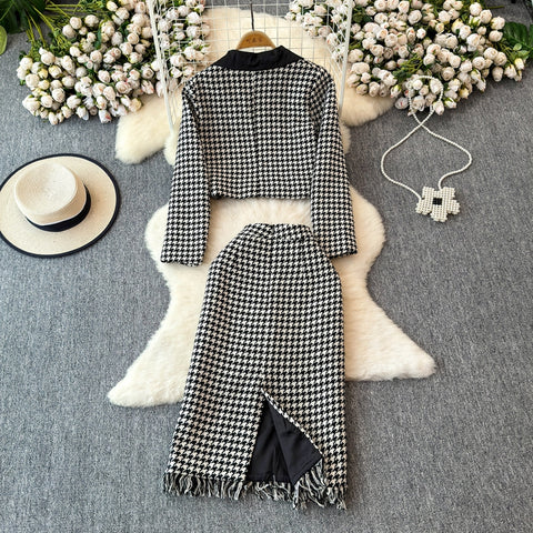Bow Cardigan&Skirt Houndstooth 2Pcs
