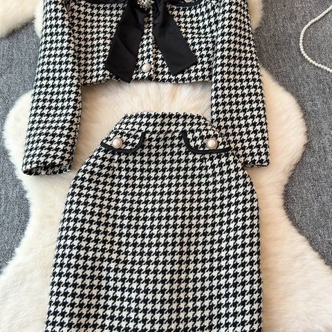 Bow Cardigan&Skirt Houndstooth 2Pcs