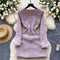 V-neck Furry Patchwork Pink Tweed Dress