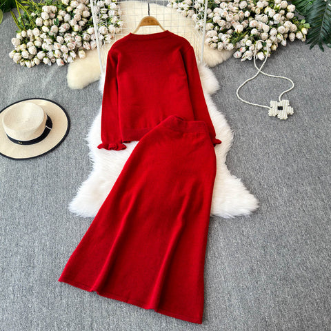 Bow Cardigan&Slim-fit Skirt 2Pcs