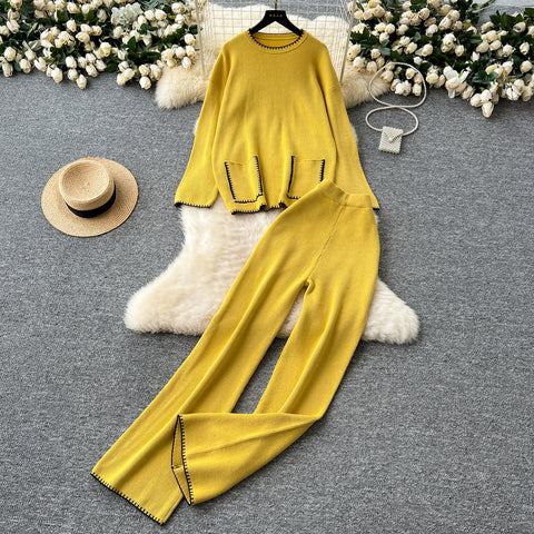 Round-collar Sweater&Trousers 2Pcs
