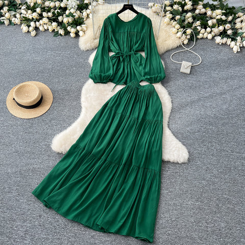 Lace-up Top & Draped Skirt 2Pcs